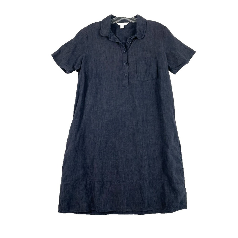 Garnet Hill 100% Linen Knee Length Dress Women Sz M Denim Blue Coastal - Picture 2 of 10
